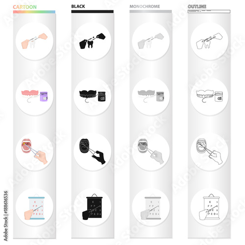 Filling of the tooth, dental care, medical treatment of the throat, vision check. Medicine and dentistry set collection icons in cartoon black monochrome outline style vector symbol stock isometric