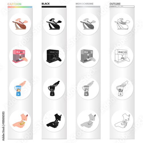 Cutting hams, making coffee, blending food, cleaning potatoes. Cooking food set collection icons in cartoon black monochrome outline style vector symbol stock isometric illustration web.