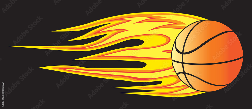 A basketball is soaring through the air leaving a trail of flames