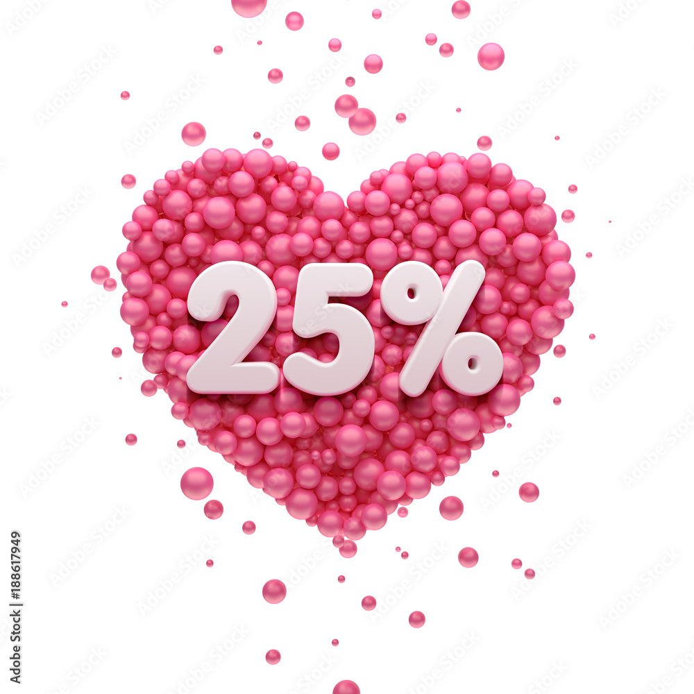 25% or twenty five percent Pink heart and red balloons, ball. 3D Illustration for Social Network friends, followers, Web user Thank you celebrate of subscribers or followers and likes.