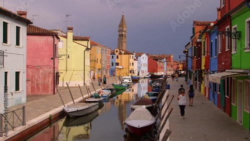 Multicoloured Houses & Boats On Canal; Burano; Burano, Venice, Italy