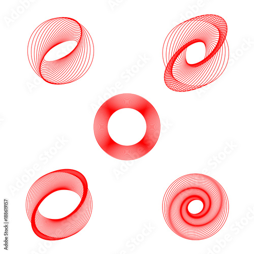 A set of five helical elements, vector whirls round shape red color. The swirl symbol