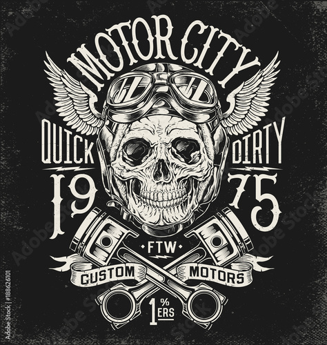 Illustrated motorcycle skull with helmet and goggles. Vintage typography layout.