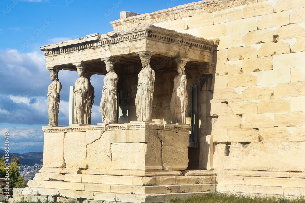 The Porch of the Caryatids or Maidens on the ancient Erechtheion temple on the north side of the Acropolis decicated to Poseidon and Athena