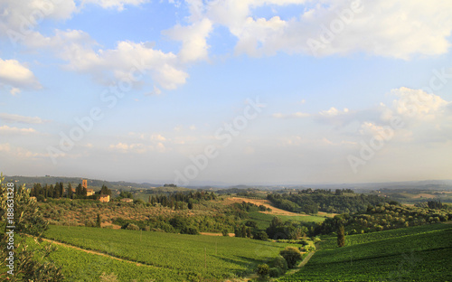 Idyllic and scenic countryside landscape - vineyards, orchard, fields, forest, hills and sky with clouds - Tuscany, Italy; tourism, travel, vacation; background.