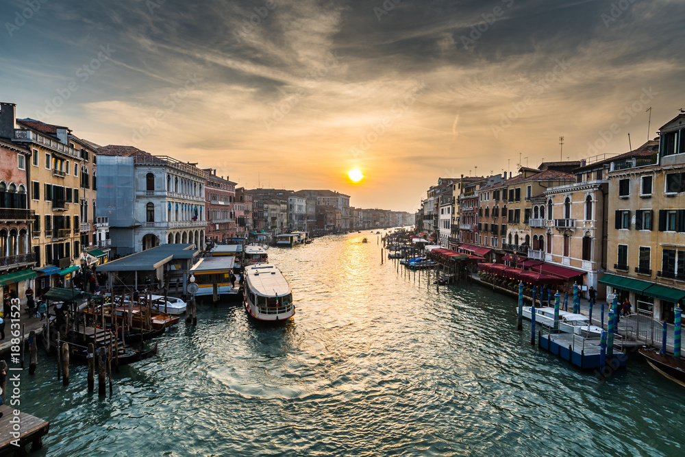 View of the Busy Grand Canal at Sunset