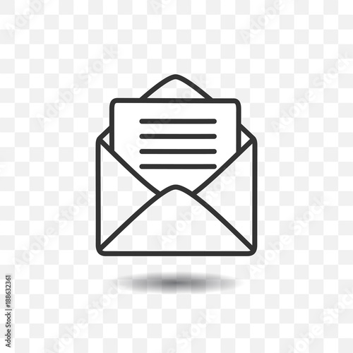 Envelope with paper icon with shadow on transparent background.