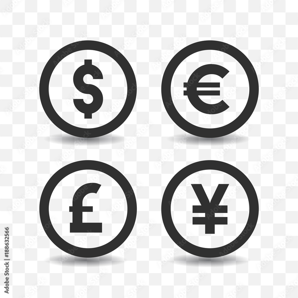Currency icon set with shadow on transparent background. Currency icon set with shadow on transparent background.