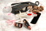 Open bag with female cosmetic accessories