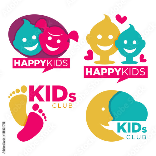Kids place with entertainments bright promotional emblems set isolated cartoon flat vector illustration on white background