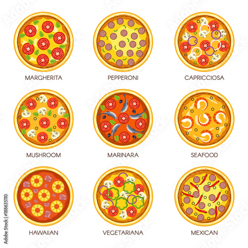 Pizza sorts vector icons templates for Italian pizzeria cuisine or fast food menu