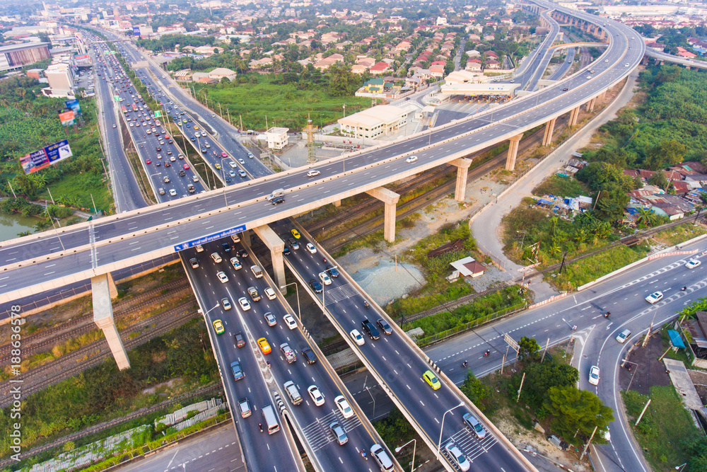 Aerial view of Traffic and Highway on suburban area Aerial view of Traffic and Highway on suburban area