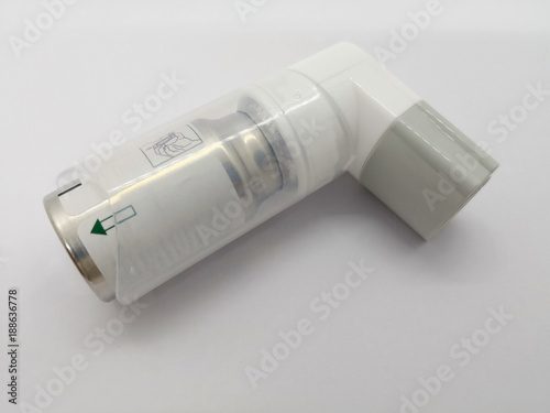 Ipratropium and Fenoterol metered aerosol, that is oral steroid inhaler. Prevention & treatment of symptoms in chronic obstructive airway disorders. isolated on white background and copy space. photo