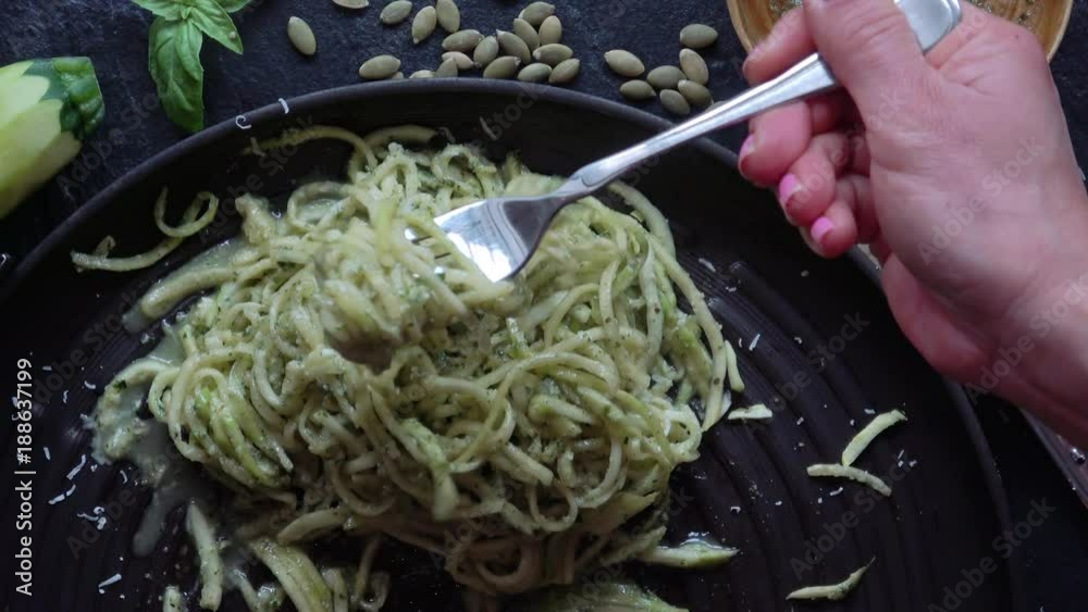 Eating Healthy Zucchini Noodles. Spaghetti noodles made out of Zucchini