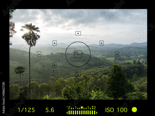 camera viewfinder with exposure photo and camera settings.
