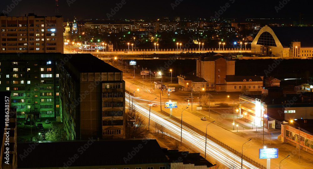 Night city. View of the city. Roads of the city.