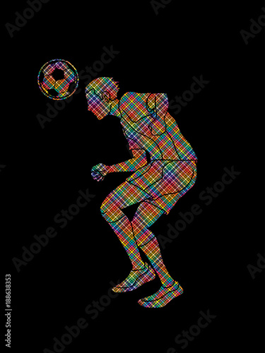 Soccer player bouncing a ball action designed using dots pixels graphic vector.