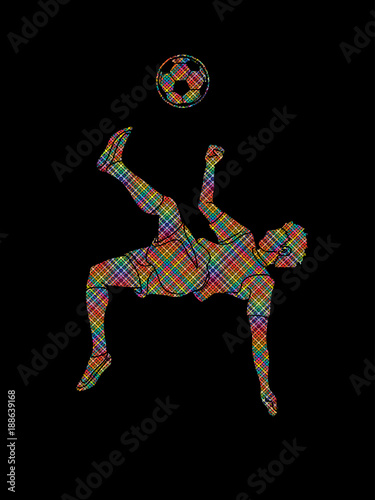 Soccer player somersault kick , overhead kick action designed using dots pixels graphic vector