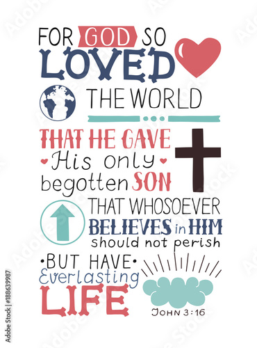 Golden Bible verse John 3 16 For God so loved the world, made hand lettering with heart and cross.
