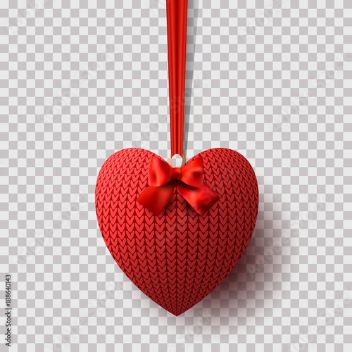 A knitted red heart with a satin bow hangs on a ribbon for Valentine's Day, Wedding, Birthday. Vector. Transparent background