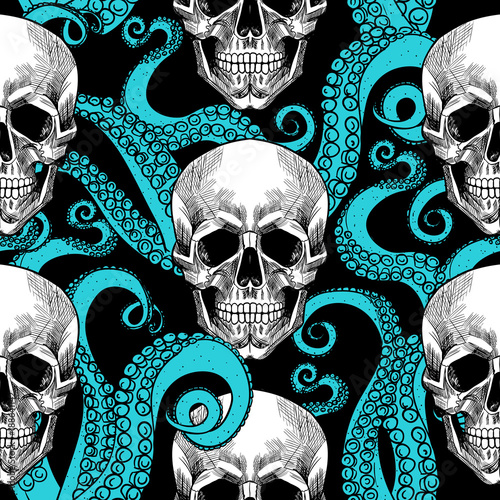 Skull and tentacles of the octopus .Vector seamless pattern