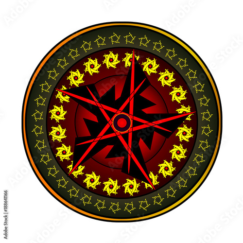 Round ornament with elaborate patterns on an orange