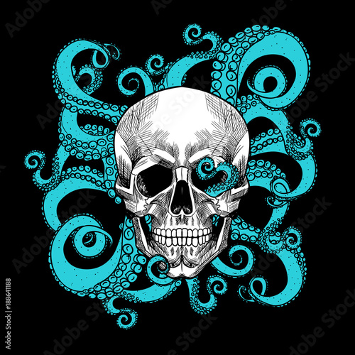 Skull and tentacles of the octopus .Vector seamless pattern