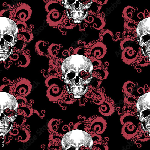 Skull and tentacles of the octopus .Vector seamless pattern