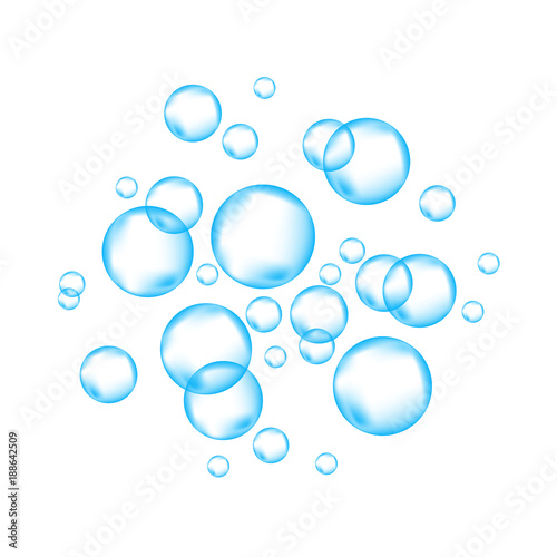  Blue underwater fizzing air bubbles on white background.