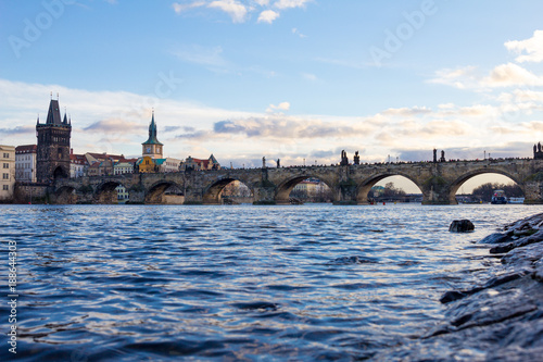 Pedestrians only Charles Bridge a.k.a. Stone Bridge, Kamenny most, Prague Bridge, Prazhski most over Vltava river in Prague, Czech Republic.