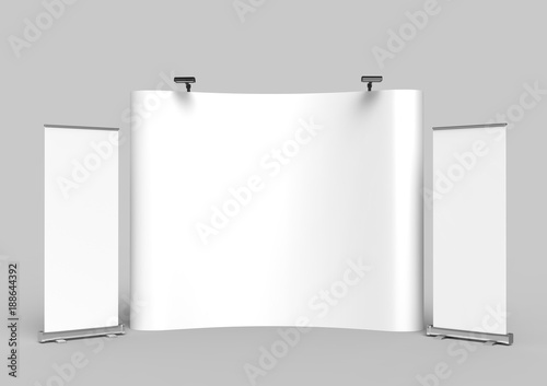 Exhibition Tension Fabric Display Banner Stand Backdrop for trade show advertising stand with LED OR Halogen Light with standees and counter. 3d render illustration. photo