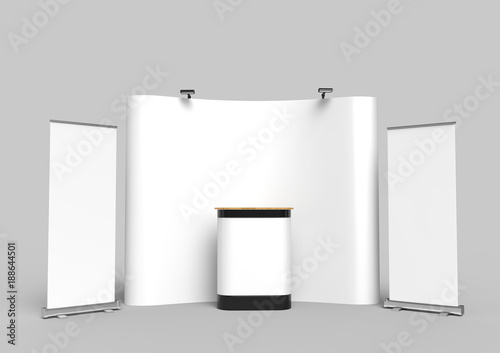 Fotografie Exhibition Tension Fabric Display Banner Stand Backdrop for trade show advertising stand with LED OR Halogen Light with standees and counter
