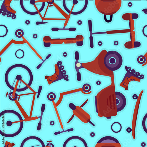 Cute bright seamless pattern with contrast orange teenager bikes and scooters in sticker style on blue background. Cartoon youth city transport texture for textile, wrapping paper, package