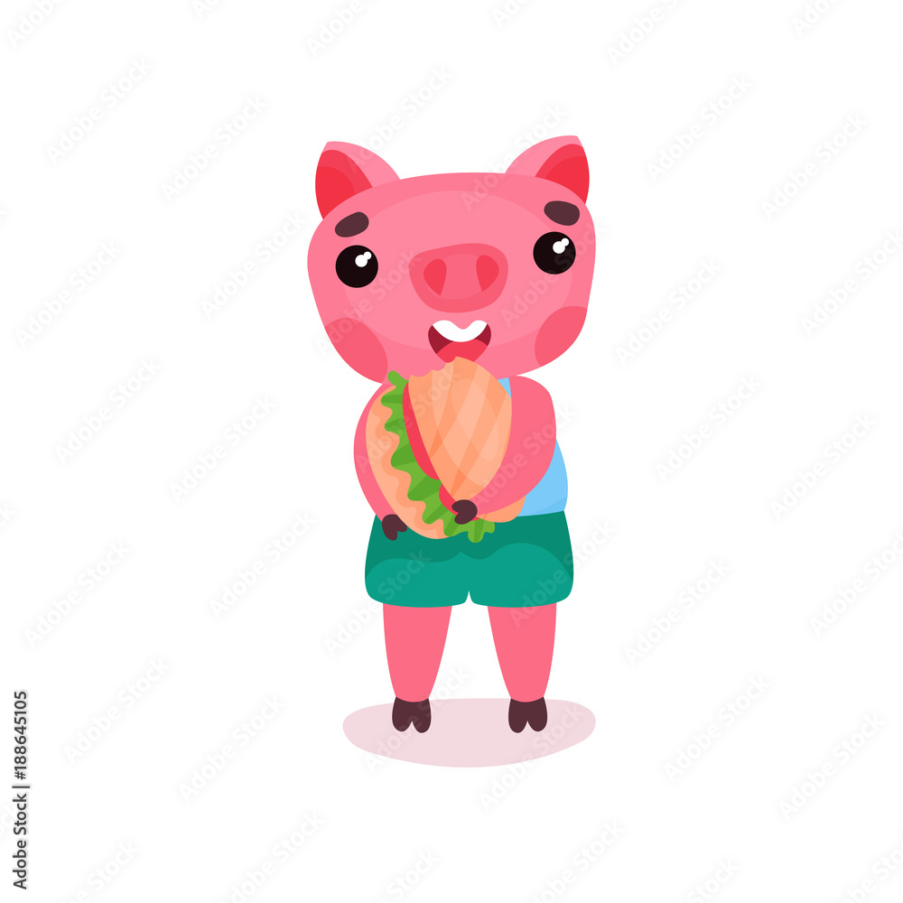 Cute pig character eating burger, funny cartoon piggy animal vector Illustration Cute pig character eating burger, funny cartoon piggy animal vector Illustration