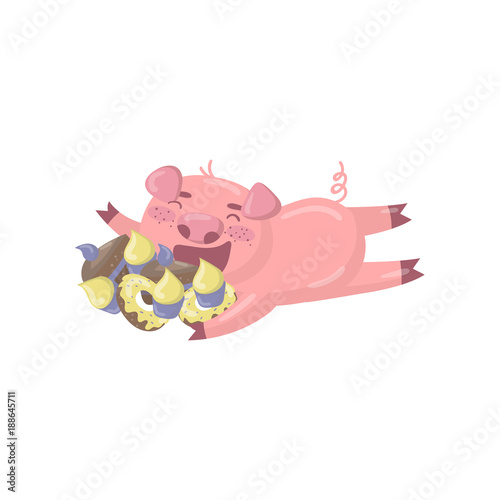 Cute pig character lying on the floor and eating sweets, funny cartoon piggy animal vector Illustration