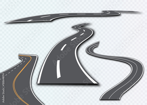 Road with white stripes on a plaid background. Set curved routes