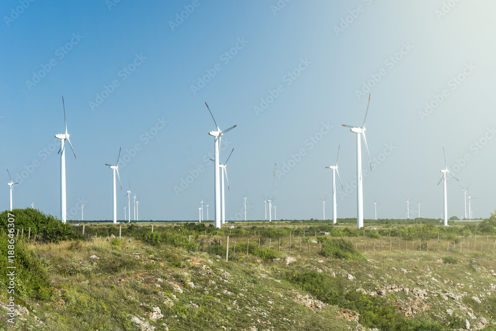 Wind turbine field against blue sky, Bulgaria Wind turbine field against blue sky, Bulgaria