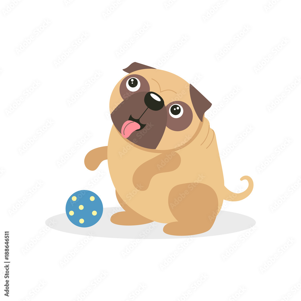 Cute pug dog character playing with a ball, pet dog cartoon vector ...