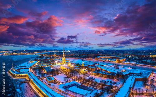 Panorama of St. Petersburg from a height. Cities of Russia. Neva River. View of the center of Saint Petersburg in winter. Panorama of Russian cities.