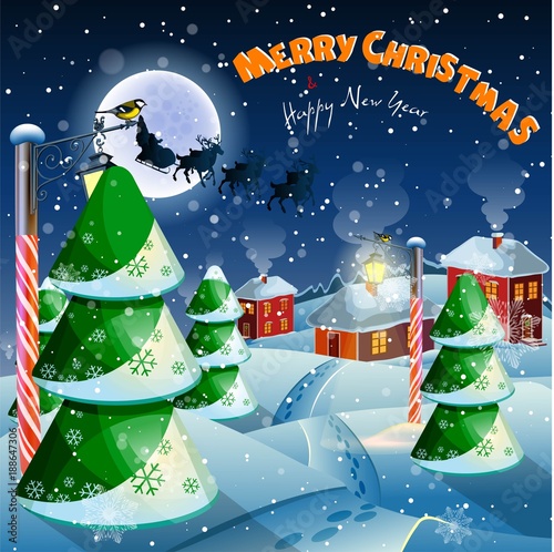 Christmas card. Winter town, Santa Claus on the background of the full moon