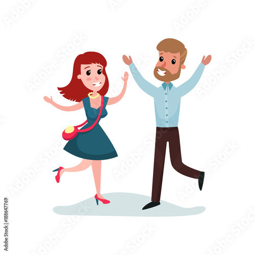 Happy man and woman in love run towards each other, couple in love on a date cartoon vector Illustration