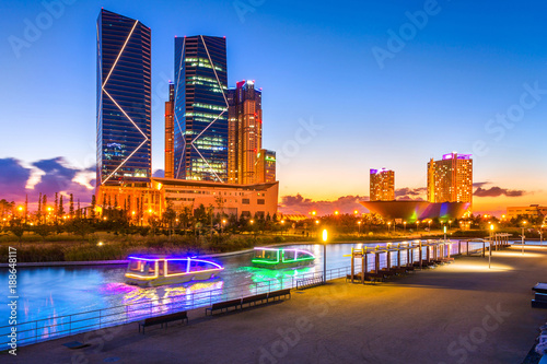 Seoul city with Beautiful after sunset, Central park in Songdo International Business District, Incheon South Korea.