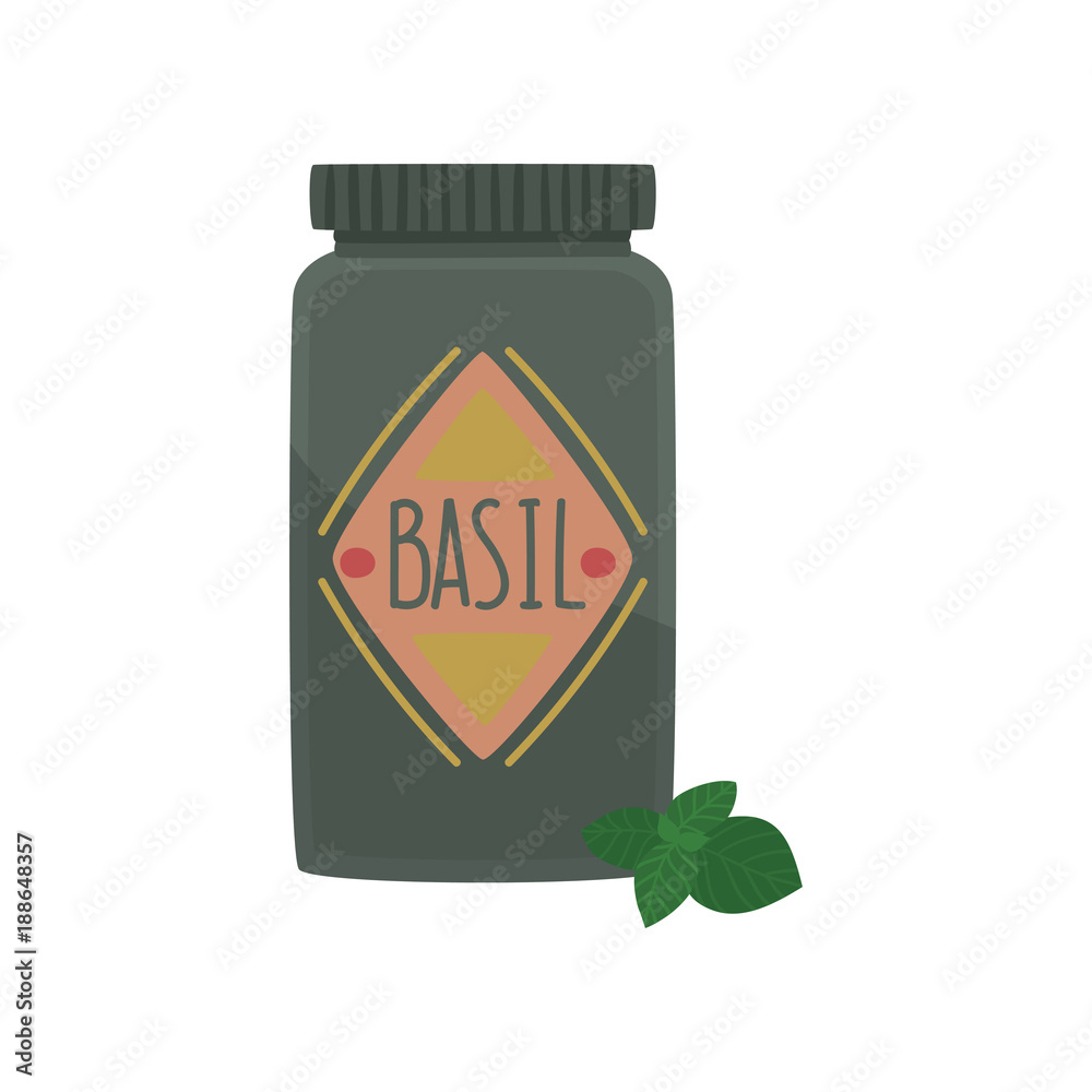 Jar of basil spice herb, element for restaurant or kitchen menu design, cartoon vector Illustration Jar of basil spice herb, element for restaurant or kitchen menu design, cartoon vector Illustration