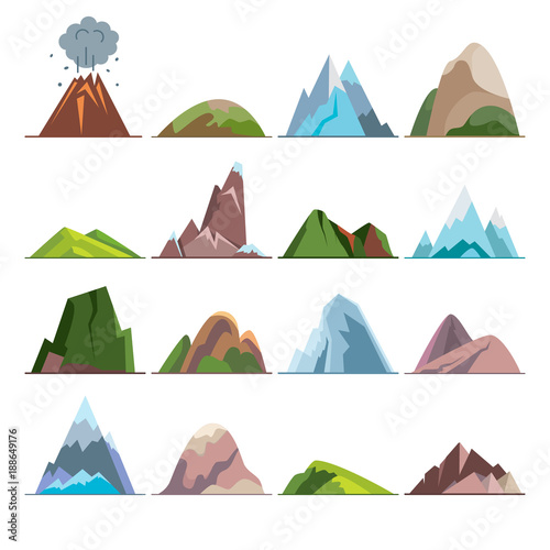 Collection of mountain icons in flat style