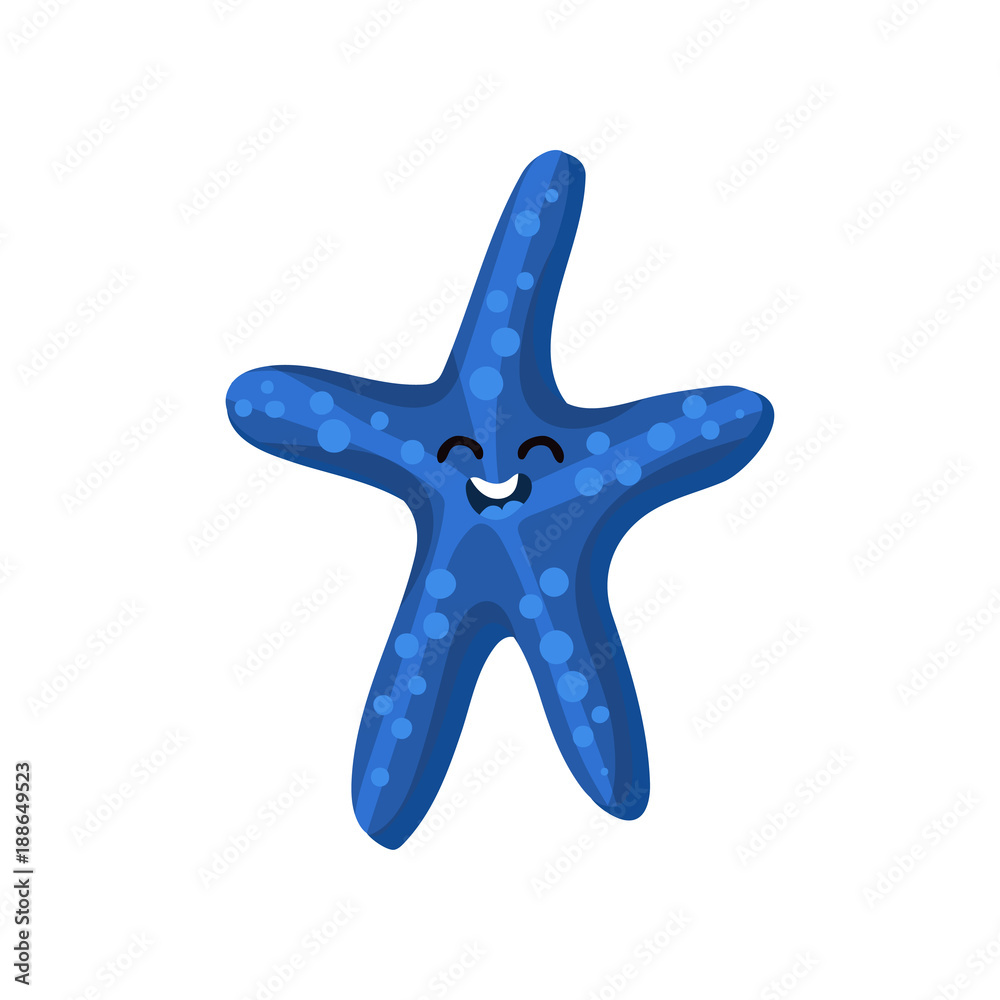 Obraz premium Cute happy cartoon blue starfish character, invertebrate sea animal cartoon vector Illustration