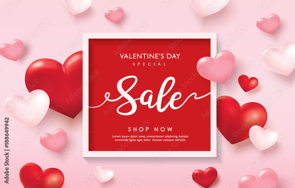 Valentines day sale poster with red and pink hearts 