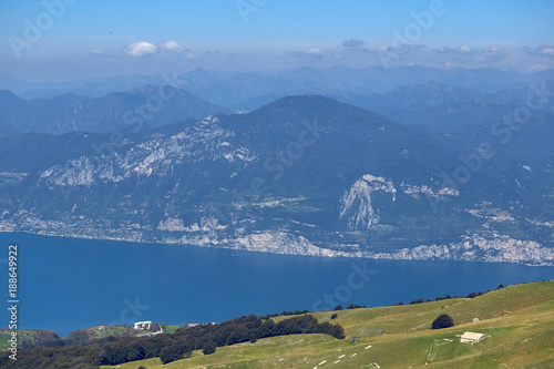 Lago di Garda lake from mountain Monte Baldo in Italy. Beautiful summer landscape. Travel in Europe. photo
