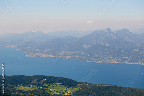 Lago di Garda lake from mountain Monte Baldo in Italy. Beautiful summer landscape. Travel in Europe.