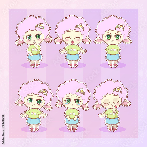 Sweet Kitty Little cute kawaii anime cartoon lamb girl in dress with long fluffy ears different emotions mascot sticker Happy, sad, angry, smile, kiss, love Children character