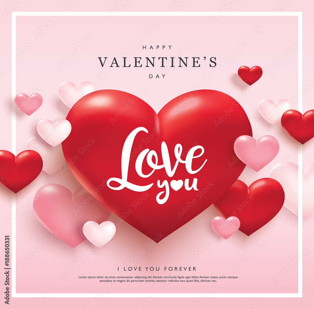 Happy Valentines Day greeting card with pink and red hearts